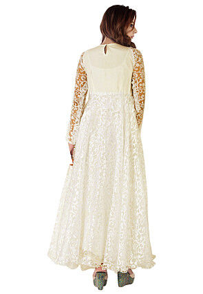 Woven Georgette Brasso Abaya Style Suit in Off White
