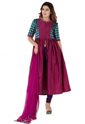 Woven Yoke Cotton Silk Front Slit A Line Suit in Magenta