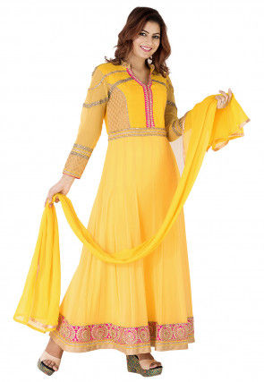 Embroidered Border Georgette Abaya Style Suit in Yellow