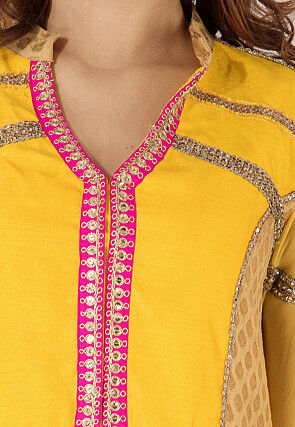 Embroidered Border Georgette Abaya Style Suit in Yellow