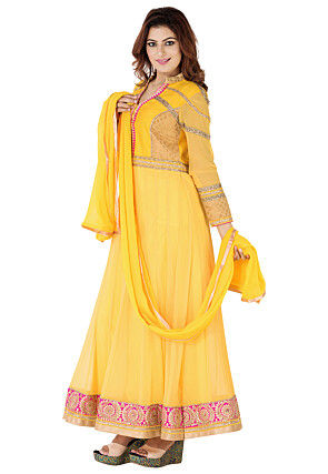 Embroidered Border Georgette Abaya Style Suit in Yellow