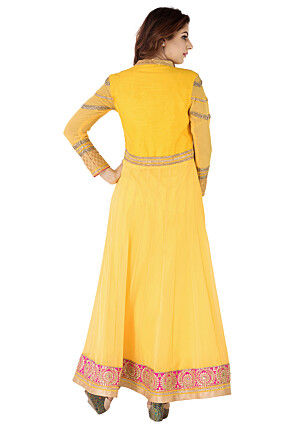 Embroidered Border Georgette Abaya Style Suit in Yellow