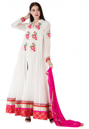 Embroidered Border Georgette Abaya Style Suit in White