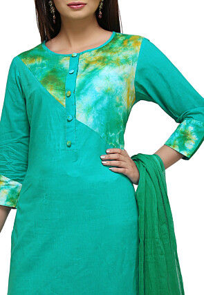 Plain Cotton Straight Suit in Sea Green