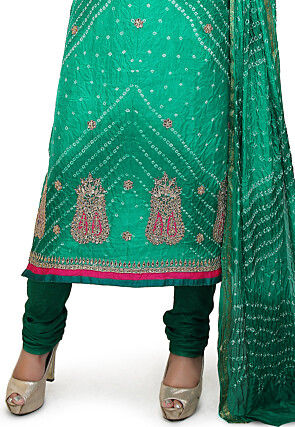 Bandhej Art Silk Straight Suit in Teal Green