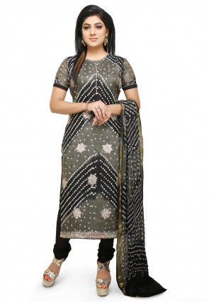 Bandhej Art Silk Straight Suit in Black and Grey