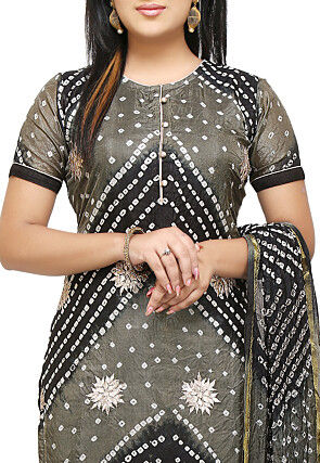 Bandhej Art Silk Straight Suit in Black and Grey