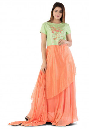 Hand Embroidered Georgette Abaya Style Suit in Orange and Green