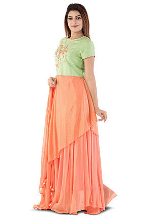 Hand Embroidered Georgette Abaya Style Suit in Orange and Green