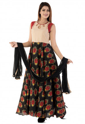 Printed Bhagalpuri Silk Abaya Style Suit in Black and Beige
