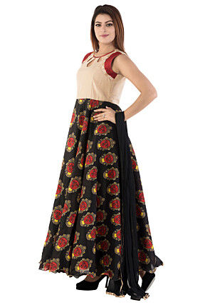 Printed Bhagalpuri Silk Abaya Style Suit in Black and Beige