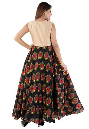 Printed Bhagalpuri Silk Abaya Style Suit in Black and Beige