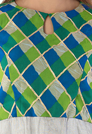 Printed Dupion Silk Abaya Style Suit in Grey and Multicolor