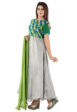 Printed Dupion Silk Abaya Style Suit in Grey and Multicolor