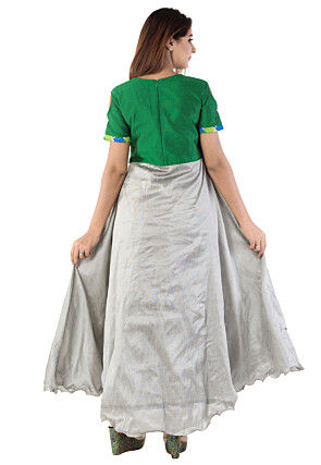 Printed Dupion Silk Abaya Style Suit in Grey and Multicolor