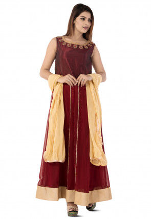 Embroidered Georgette Abaya Style Suit in Maroon