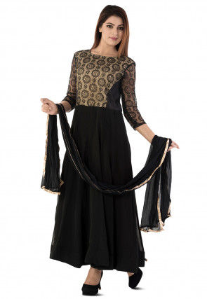 Woven Georgette Abaya Style Suit in Black