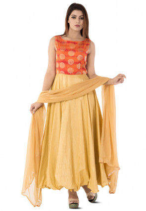 Woven Art Silk Abaya Style Suit in Beige and Orange