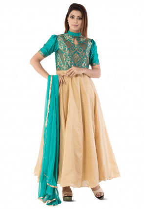 Woven Art Silk Abaya Style Suit in Beige and Turquoise