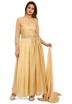 Plain Chantelle Net Abaya Style Suit in Beige