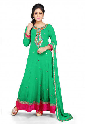 Embroidered Georgette Abaya Style Suit in Green