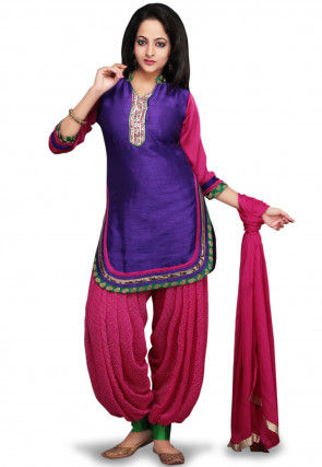 Embroidered Dupion Silk Punjabi Suit in Purple and Pink