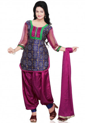 Bandhani Printed Crepe Punjabi Suit in Purple