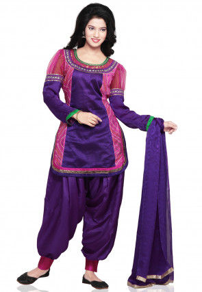 Plain Straight Cut Dupion Silk and Crepe Suit in Purple and Pink