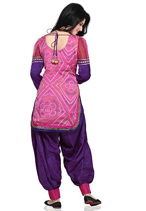 Plain Straight Cut Dupion Silk and Crepe Suit in Purple and Pink