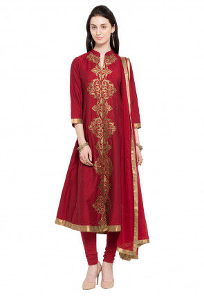 Embroidered Cotton Silk Front Slit A Line Suit in Maroon