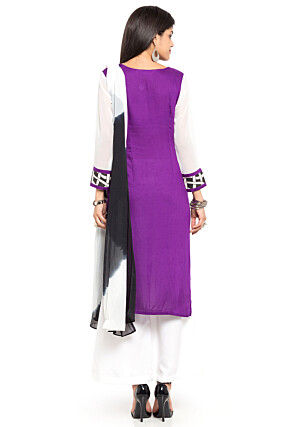 Printed Cotton Rayon Pakistani Suit in Purple and Off White