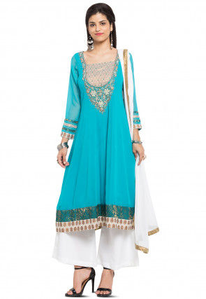 Hand Embroidered Georgette Pakistani Suit in Turquoise