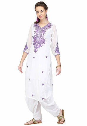 Embroidered Georgette Punjabi Suit in White