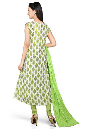Printed Asymmetric A Line Rayon Suit in Off White and Green