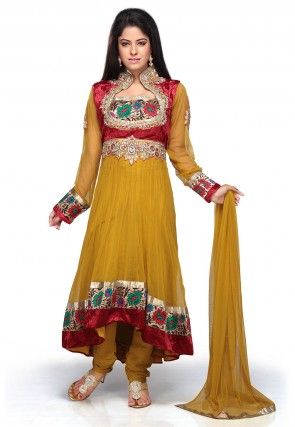 Embroidered Anarkali Asymmetric Net Suit In Mustard And Red 