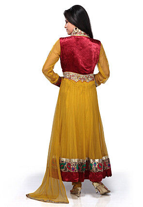 Embroidered Anarkali Asymmetric Net Suit In Mustard And Red 