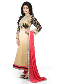 Embroidered Georgette Anarkali Suit In Beige Ombre
