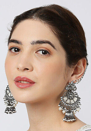Kundan Jhumka Style Earrings with Ear Chain