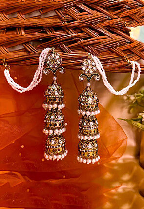 Kundan Jhumka Style Earrings with Ear Chain