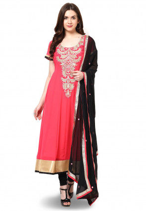 Embroidered Georgette Anarkali Suit in Coral Red