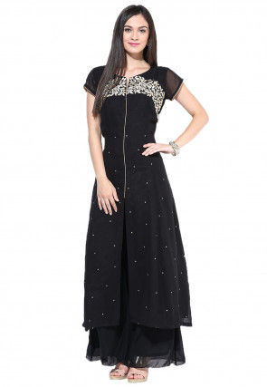 Embroidered Georgette Front Slit Pakistani Suit in Black