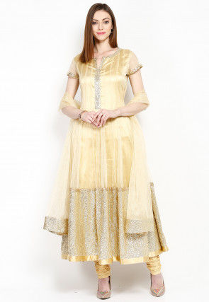 Embroidered Net Anarkali Suit in Golden