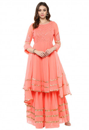 Embroidered Yoke Georgette Flared Suit in Peach