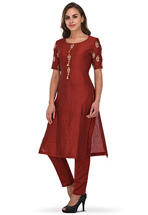 Embroidered Chanderi Silk Straight Suit in Maroon