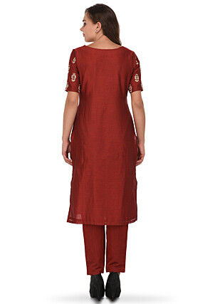 Embroidered Chanderi Silk Straight Suit in Maroon