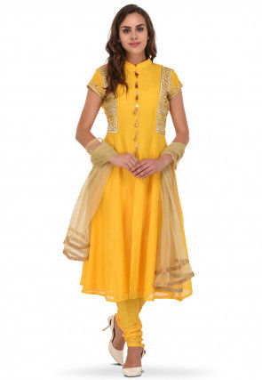 Embroidered Chanderi Silk Anarkali Suit in Yellow