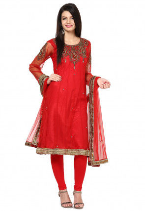 Embroidered Anarkali Net Suit In Red