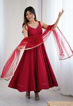 Lace Border Art Silk A Line Suit in Maroon