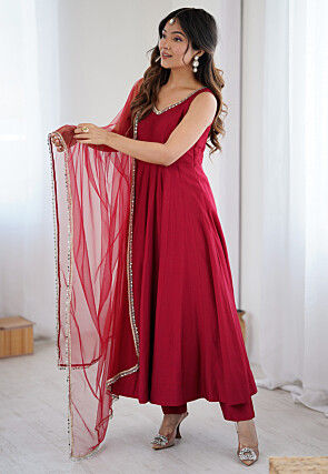 Lace Border Art Silk A Line Suit in Maroon