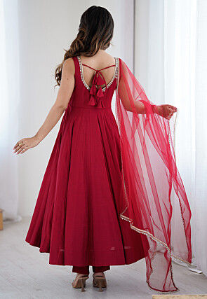 Lace Border Art Silk A Line Suit in Maroon